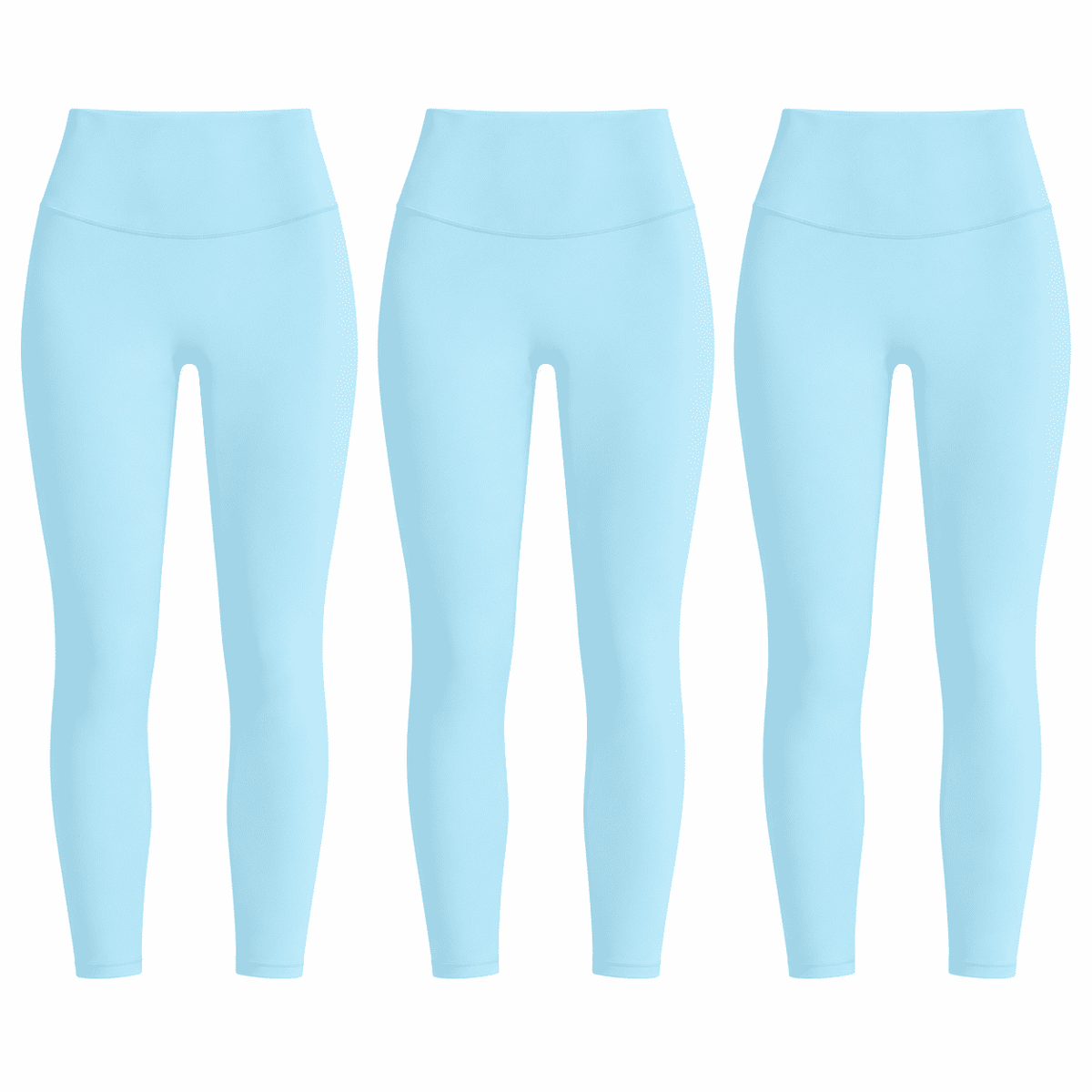 Three matching baby blue W02 high-waist leggings; one set contains three pairs.