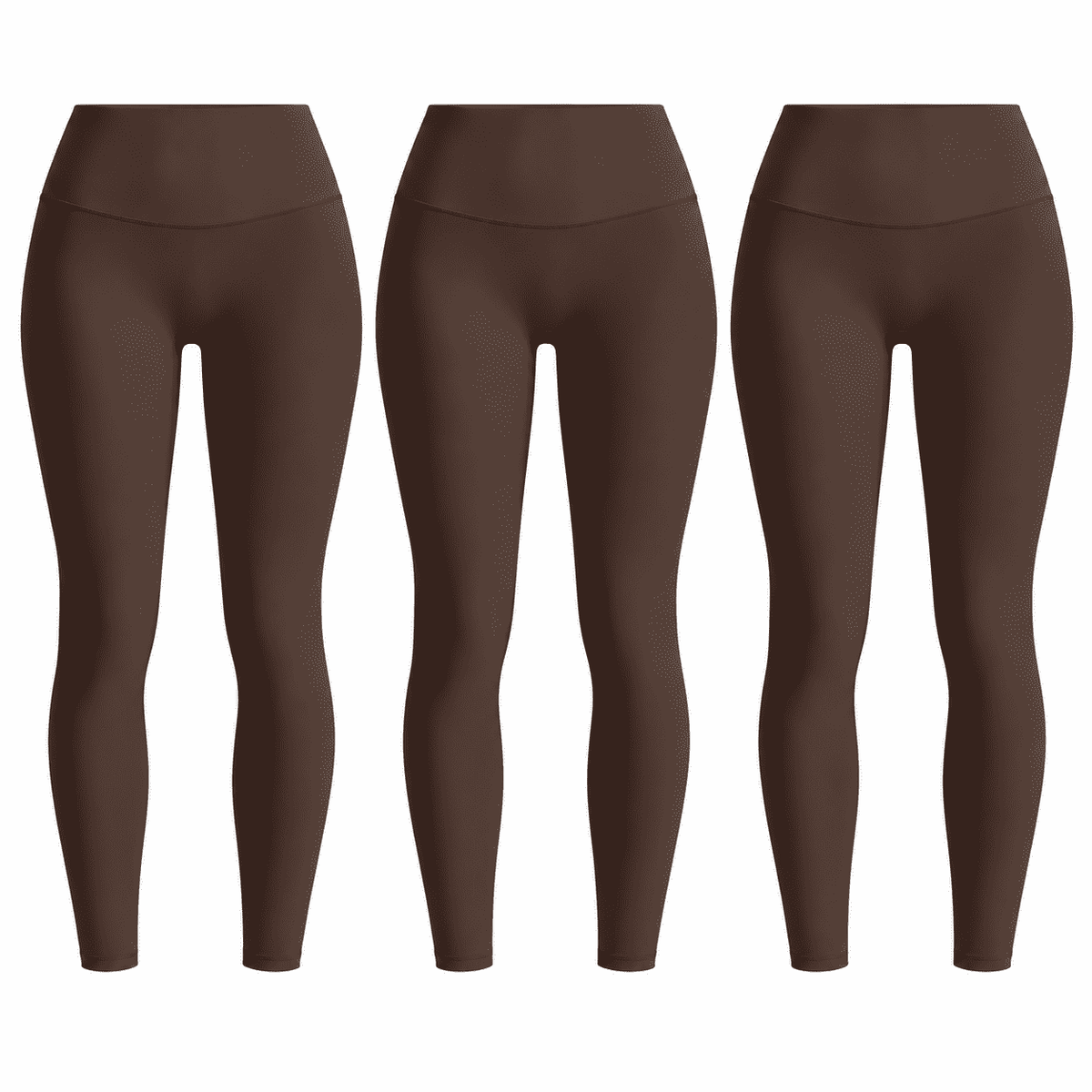 Three matching coffee brown W02 high-waist leggings; one set contains three pairs.