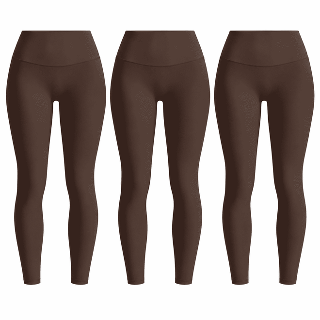 Three matching coffee brown W02 high-waist leggings; one set contains three pairs.