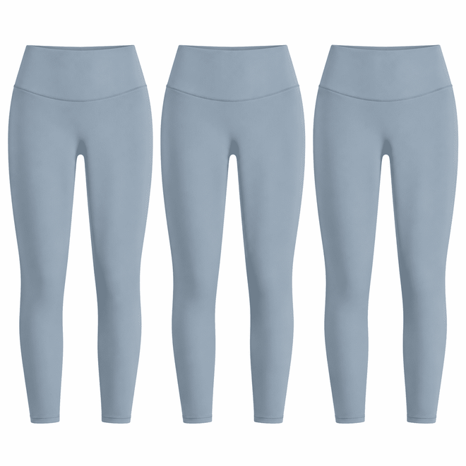 Three matching grey lake blue W02 high-waist leggings; one set contains three pairs.