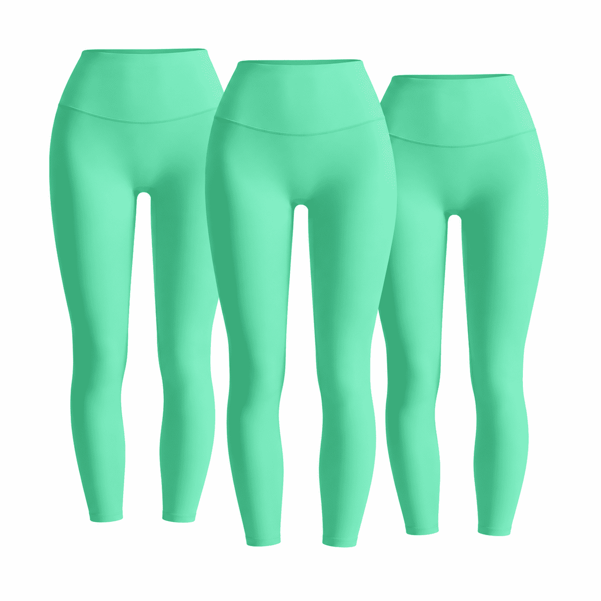 Three matching irish green W02 high-waist leggings; one set contains three pairs.