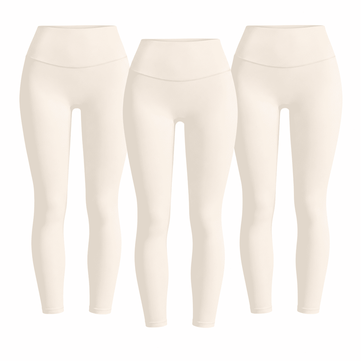 Three matching ivory white W02 high-waist leggings; one set contains three pairs.
