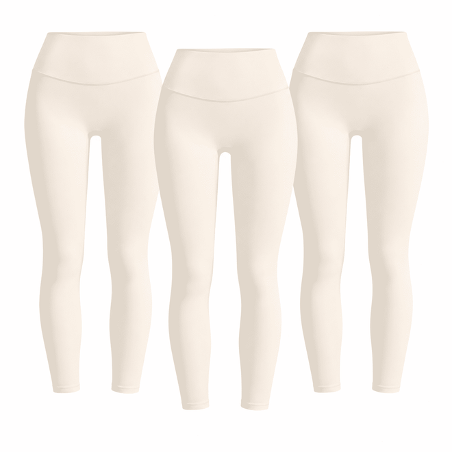 Three matching ivory white W02 high-waist leggings; one set contains three pairs.