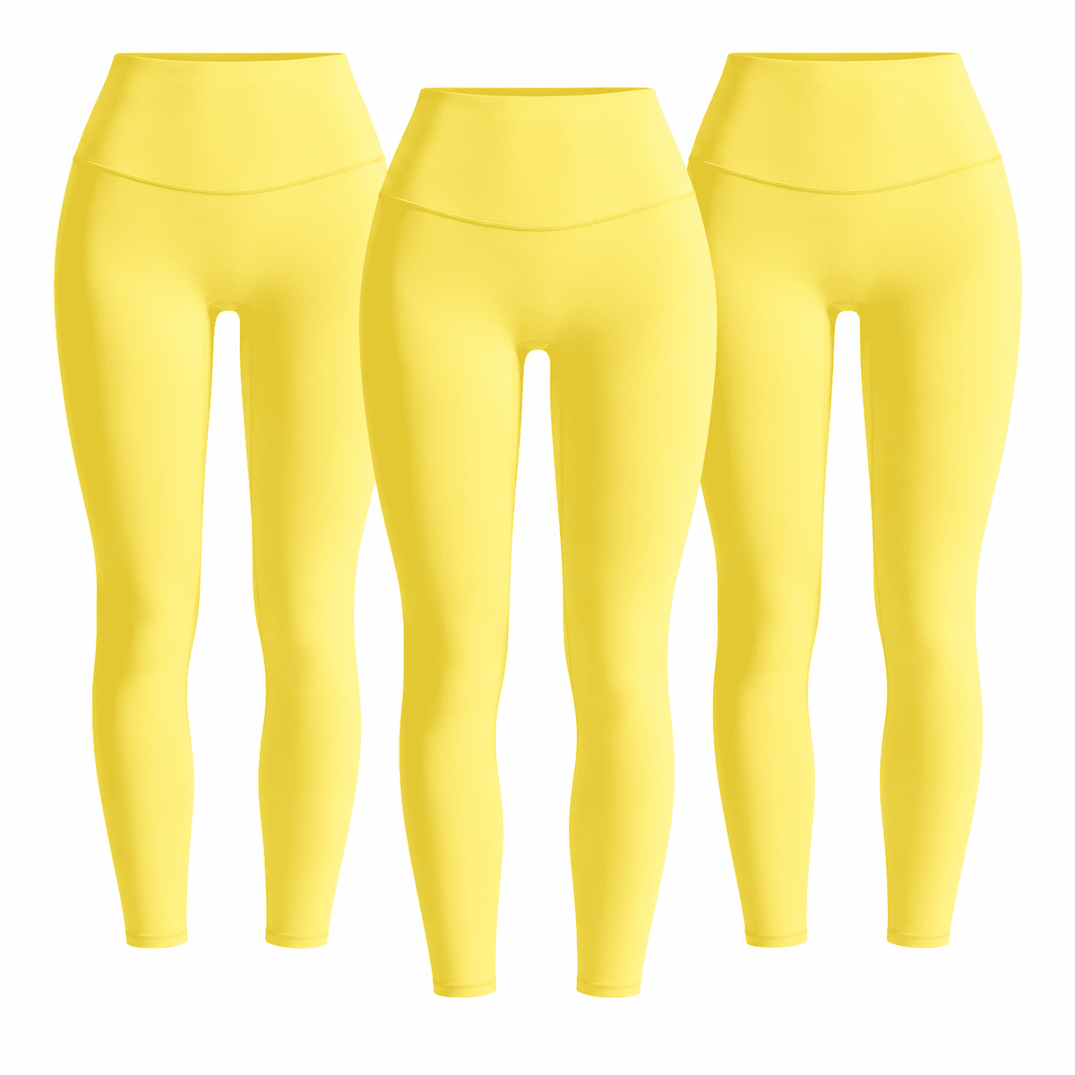 Three matching lemon yellow W02 high-waist leggings; one set contains three pairs.