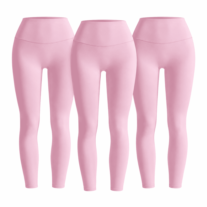 Three matching lotus pink W02 high-waist leggings; one set contains three pairs.