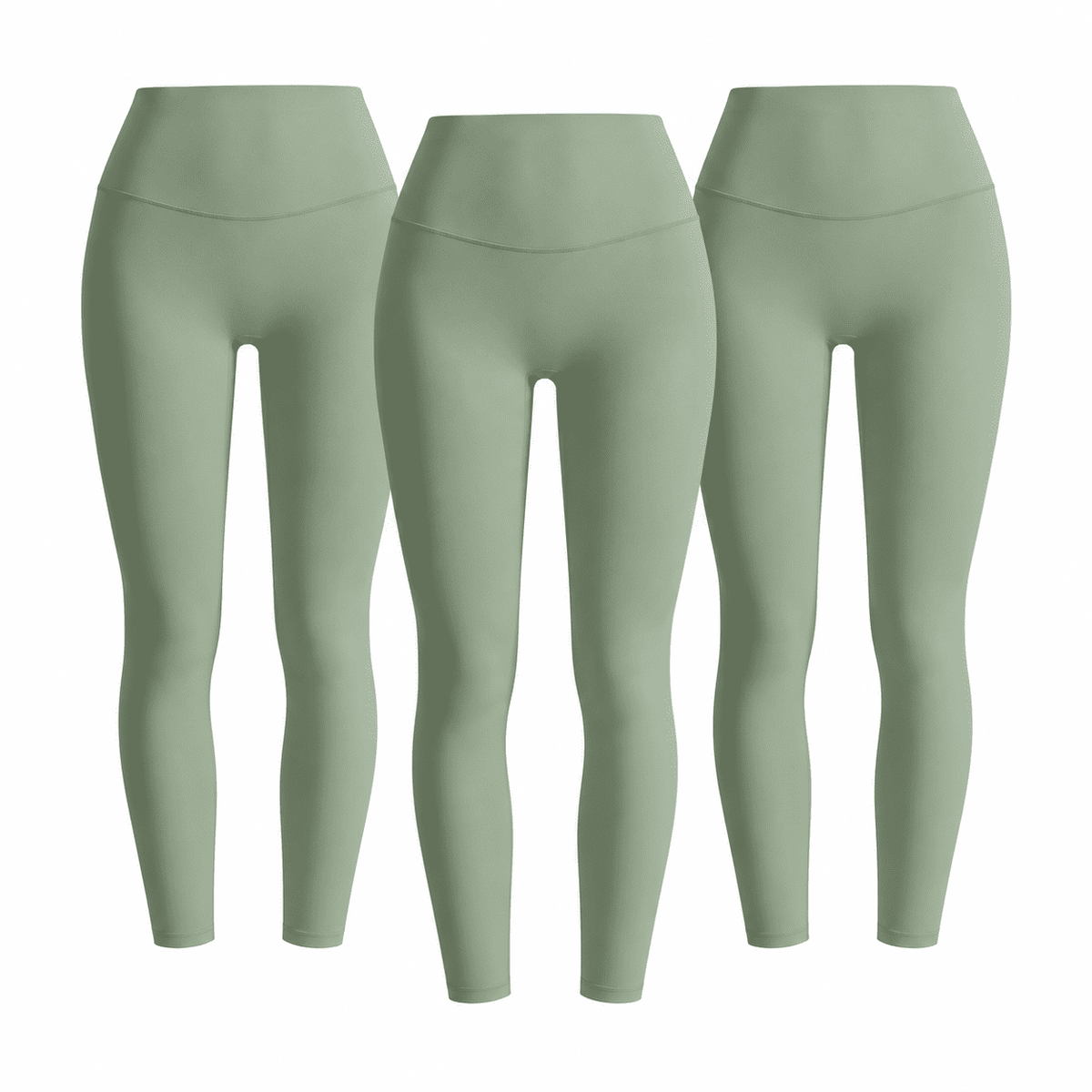 Three matching molandi green W02 high-waist leggings; one set contains three pairs.