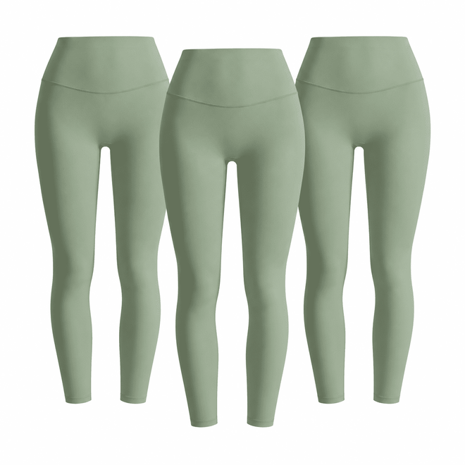 Three matching molandi green W02 high-waist leggings; one set contains three pairs.