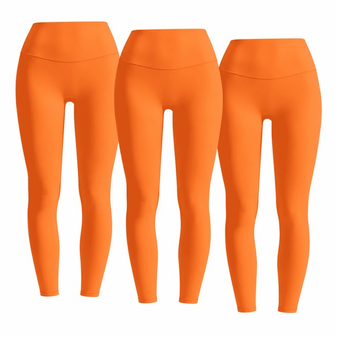 Three matching pumpkin orange W02 high-waist leggings; one set contains three pairs.