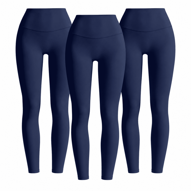 Three matching royal blue W02 high-waist leggings; one set contains three pairs.