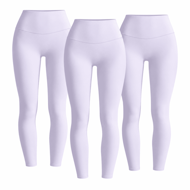 Three matching soft purple W02 high-waist leggings; one set contains three pairs.