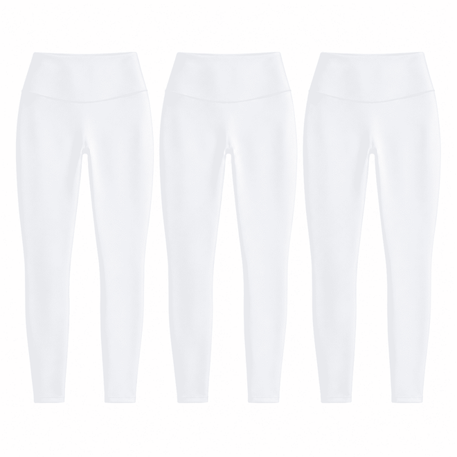 Three matching white W02 high-waist leggings; one set contains three pairs.