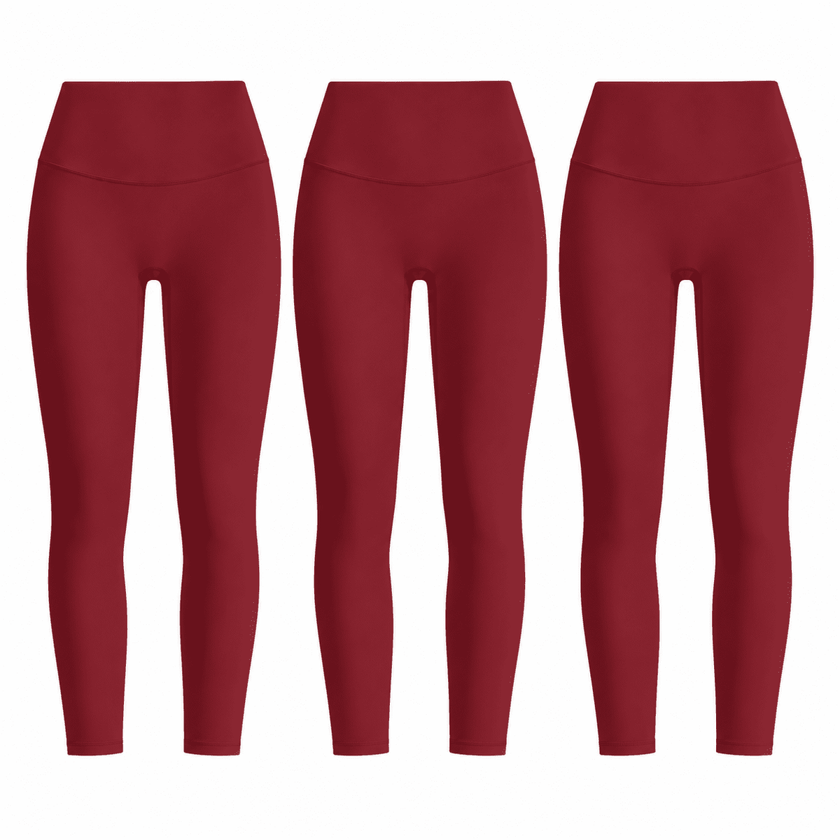 Three matching wine red W02 high-waist leggings; one set contains three pairs.