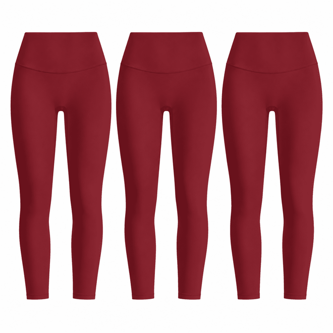 Three matching wine red W02 high-waist leggings; one set contains three pairs.