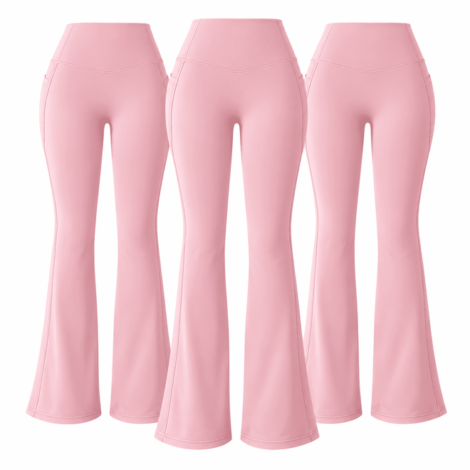 Three matching pink W03 flare pants with side pockets; one set contains three pairs.